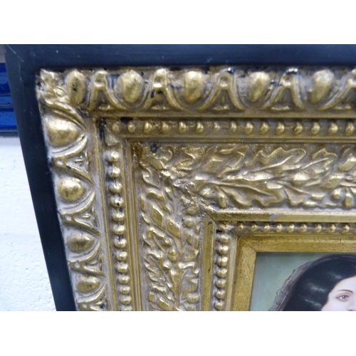 49 - Oil on board depicting a woman, in gilt and ebonised frame.