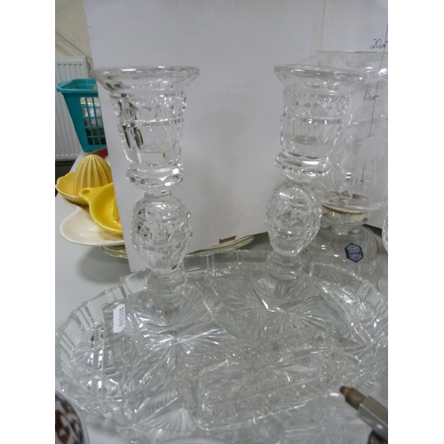 50 - Collection of crystal and glass including vases, glasses, paperweights, dressing table set, candlest... 
