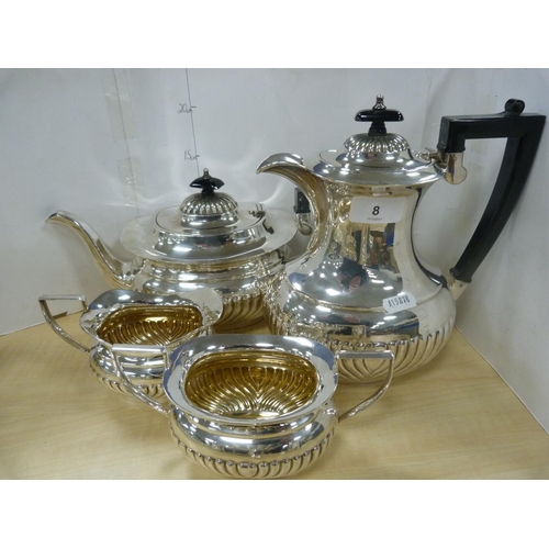 8 - Four-piece EP tea set, bowl on stand, coffee pots, dishes, sugar helmet, also brass candelabra, glas... 