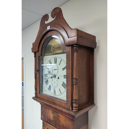 1 - 19th century mahogany eight day longcase clock with a scroll hood above a 13 inch painted dial, name... 