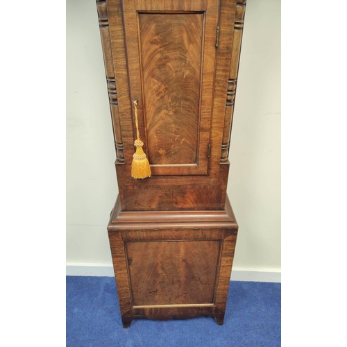 1 - 19th century mahogany eight day longcase clock with a scroll hood above a 13 inch painted dial, name... 
