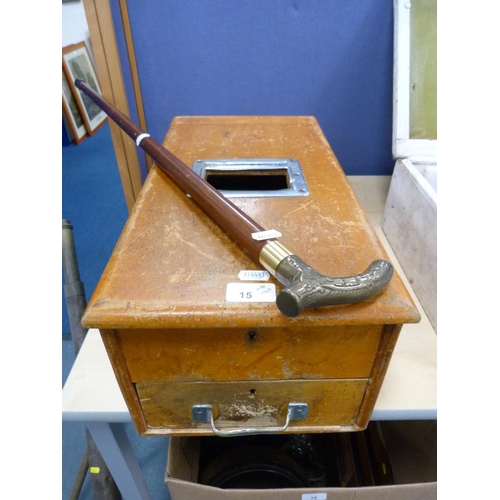 15 - Vintage cash register and a walking stick with brass handle.