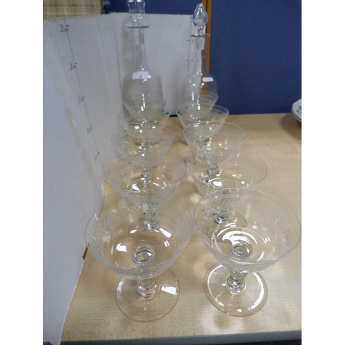 2 - Baccarat-style suite of glass including two decanters and a set of ten matching champagne glasses wi... 
