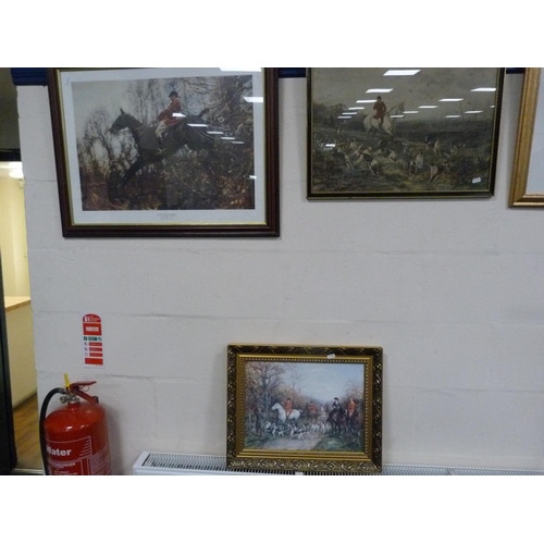 28 - Two hunting prints, 'The Huntsman' after Alfred J Munnings and another, also an oleograph.  (3)