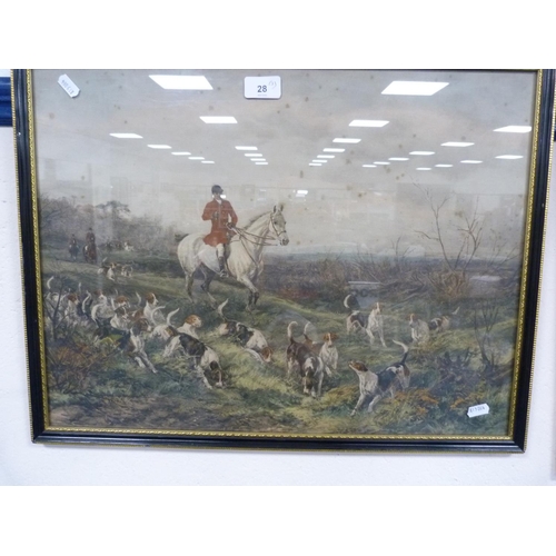 28 - Two hunting prints, 'The Huntsman' after Alfred J Munnings and another, also an oleograph.  (3)