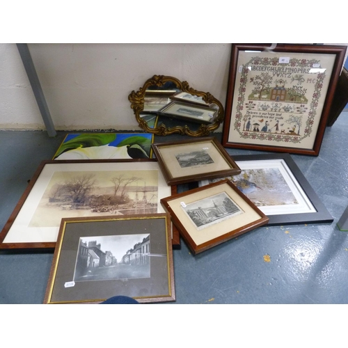 40 - Mixed group of prints including modern sampler, pencil signed photograph of a bird, small gilt frame... 