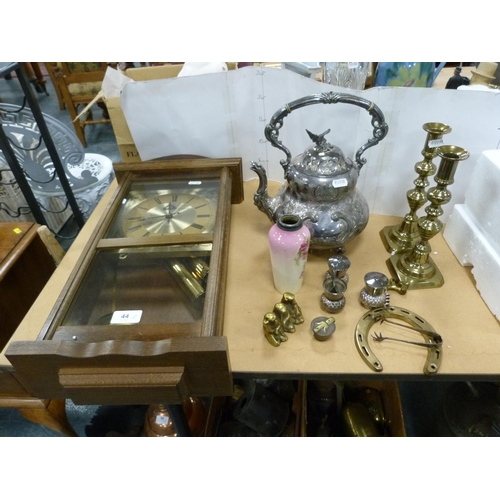 44 - Modern quartz wall clock, EP tea kettle, pair of brass candlesticks, brass monkey group and other br... 