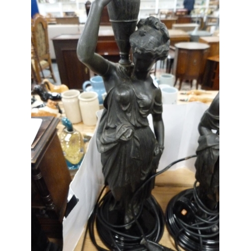 52 - Pair of late 19th/early 20th century bronzed spelter female figural table lamps (one a/f).