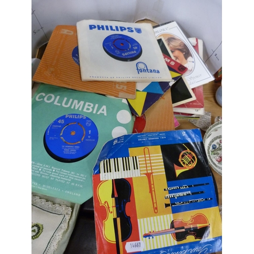 55 - Vinyl 7in records, small prints, glove box, Kodak Brownie camera, gentleman's travel shaving kit, em... 