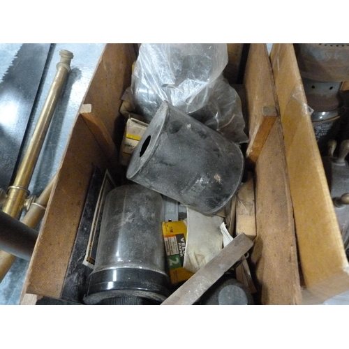 58 - Saw, copper plunger, boxes of brassware, paraffin-type lamp, accessories, watering can etc.
