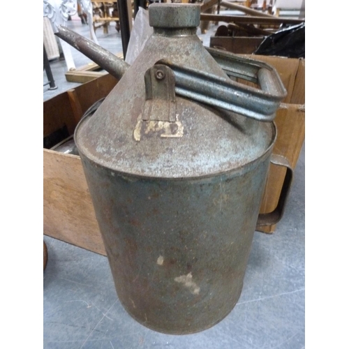 58 - Saw, copper plunger, boxes of brassware, paraffin-type lamp, accessories, watering can etc.