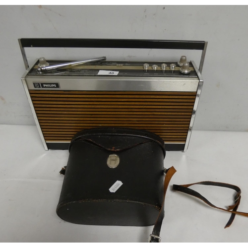 40 - Phillips radio and cased pair of cased binoculars. (2).