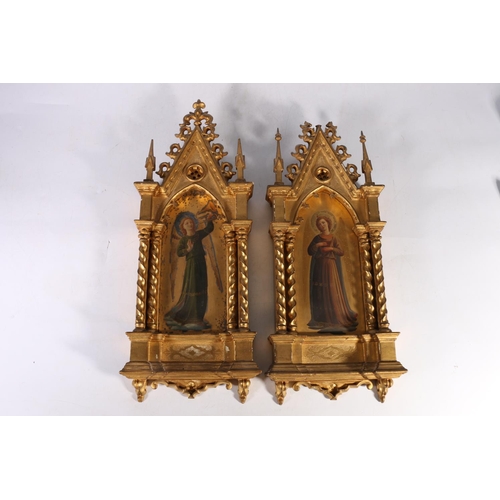 265 - Pair of antique gilt wood Gothic style wall panels in the form of an architectural building, with an... 