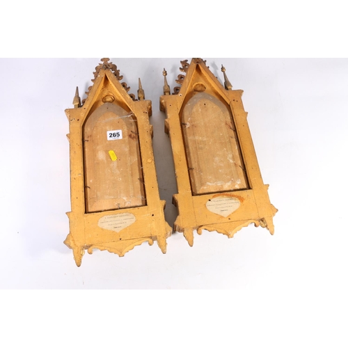 265 - Pair of antique gilt wood Gothic style wall panels in the form of an architectural building, with an... 