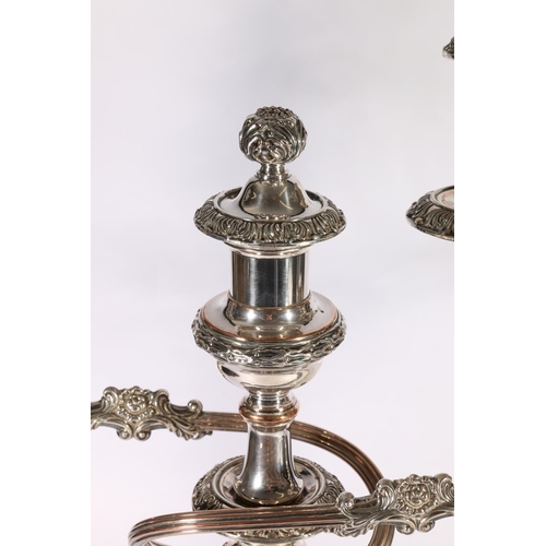 268 - Pair of silver-plate on copper candelabra, with twin branch and sconce, 55cm tall.