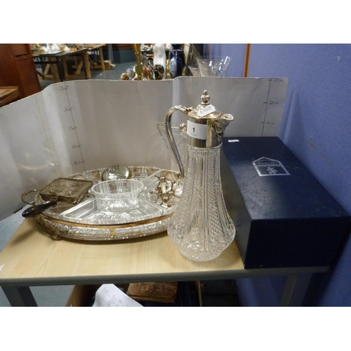 1 - Cut glass and crystal to include cut glass claret jug with EP mounts, knife rests, EP and glass hors... 