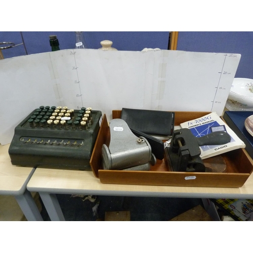 13 - Vintage Plus adding machine, two punches, Sharp personal organiser, slide rule and a Casio scientifi... 