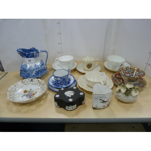 16 - Cabinet cups and saucers including Goss crested ware, Japanese-style, also a blue and white trio, Co... 