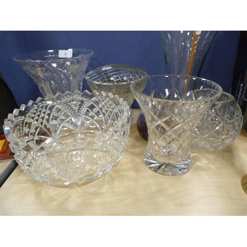 3 - Crystal and glass to include vases, bowls, vase with spreader and a spill vase.  (7)