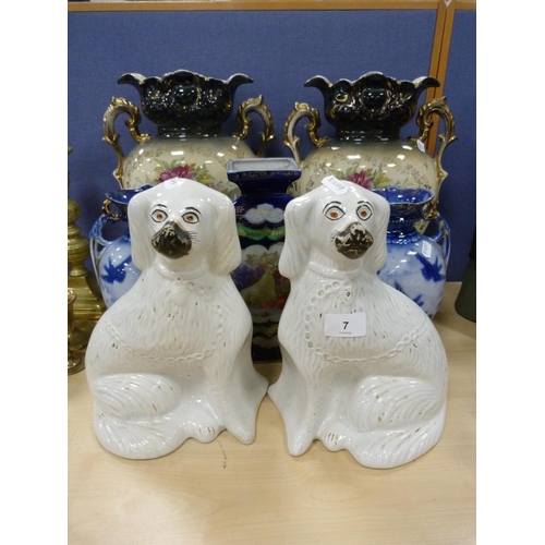7 - Pair of wally dogs with painted eyes, pair of mantel vases, pair of flow blue-style vases and anothe... 