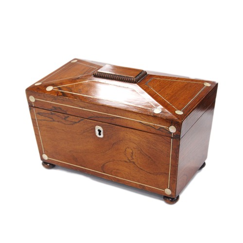 19th century rosewood and mother of pearl decorated tea caddy.