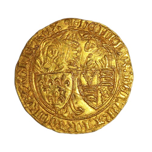Anglo-France. Henry VI Salut D'Or gold coin (22s 6d) circa 1423. OBV Arms of England & France entrusted by the Virgin Mary & Gabriel below latin text "Henricus dei gra fracoru z aglie rex" / REV Central Latin cross with fleur de lis and leopard passant. EF. D27mm 3.47g