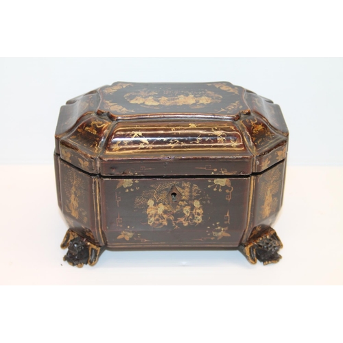 1 - Chinese export lacquered tea caddy casket, with twin pewter tea canisters, 20cm wide.