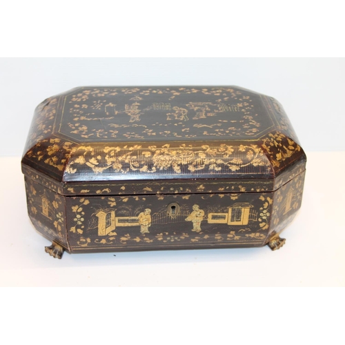 2 - Oriental export lacquered sewing box, with fitted interior, 28cm wide.