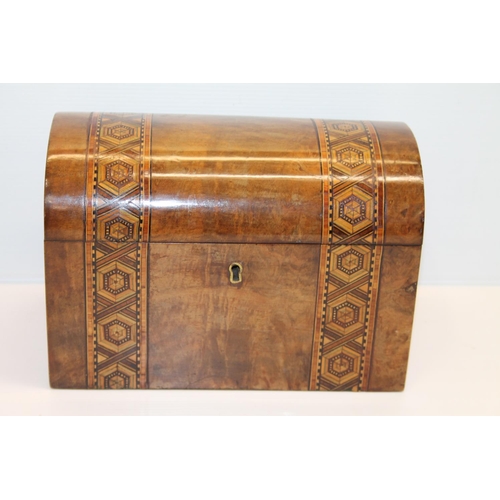 5 - Victorian Walnut dome-top tea caddy, with Tunbridgeware parquetry inlaid bands and twin division int... 