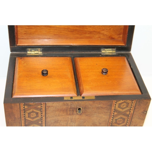5 - Victorian Walnut dome-top tea caddy, with Tunbridgeware parquetry inlaid bands and twin division int... 