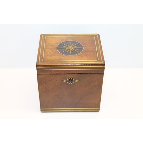 7 - Mahogany and brass inlaid tea caddy, with lid to the interior, 12cm high.