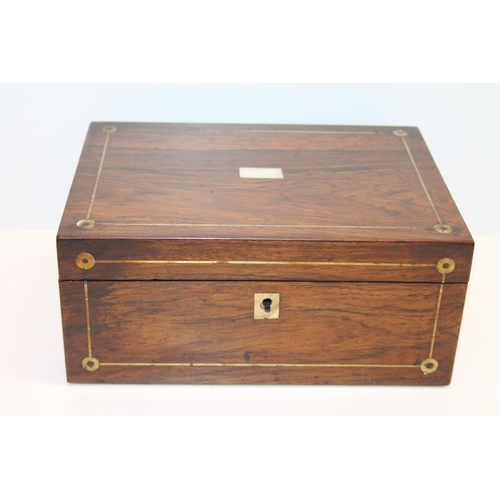 9 - Victorian rosewood and brass inlaid box, with sectional interior, 23cm wide.