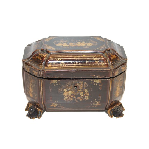 Chinese export lacquered tea caddy casket, with twin pewter tea canisters, 20cm wide.