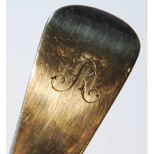 3 - Silver strainer spoon, plain with pierced divider, initialled 'R', by W Eley, 1804, 118g or 3½oz.