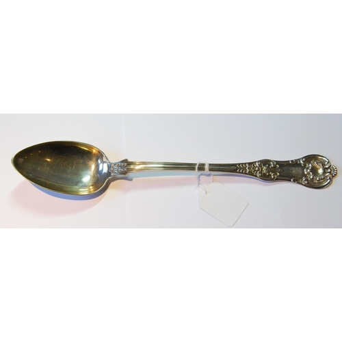 7 - Silver serving spoon of single struck Queen's pattern, by J Muir, probably Glasgow 1838, 134g or 4oz... 