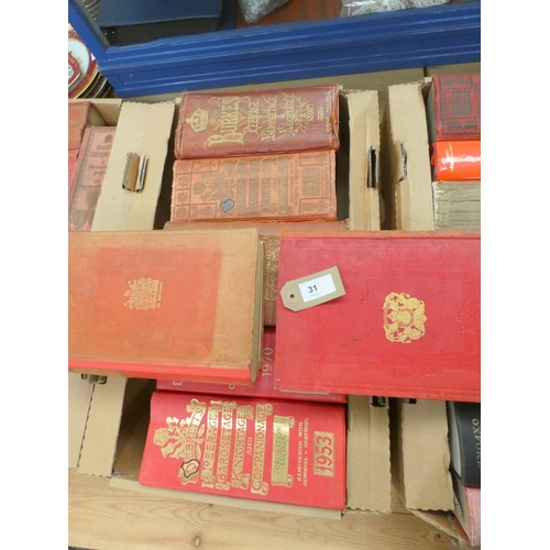 31 - Genealogical Reference, etc.  3 cartons of various vols. incl. Burke's Peerage, Walford's, Debrett's... 