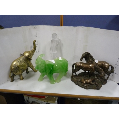11 - Green quartz glass model of an elephant, Indian brass elephant figure, modern glass figure of nude f... 