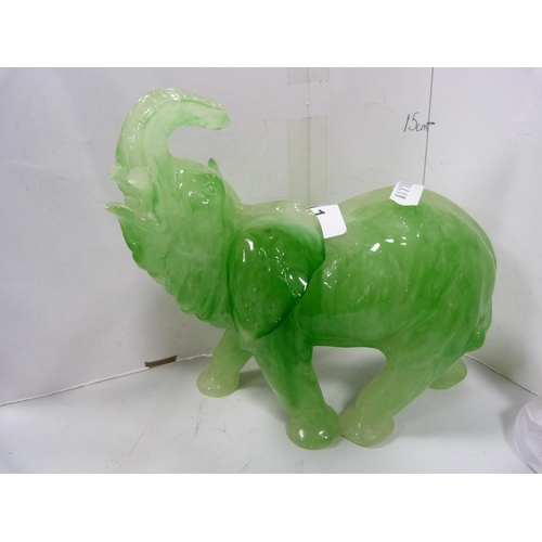 11 - Green quartz glass model of an elephant, Indian brass elephant figure, modern glass figure of nude f... 