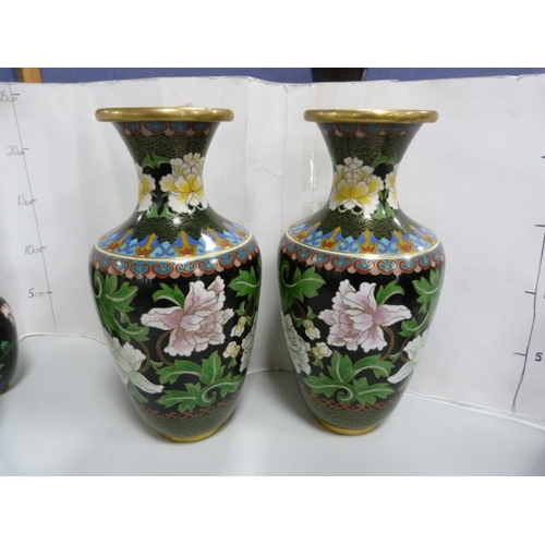 22 - Seven pieces of modern cloisonné two include two pairs of vases, another, larger, and a pair ... 