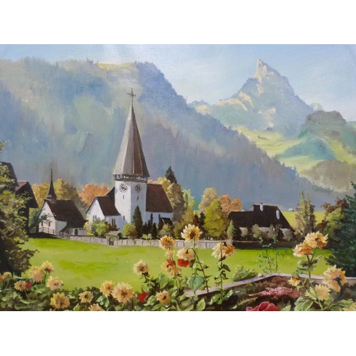 38 - H FairbairnChurch with mountains to the backgroundSigned and dated '74, oil on canvas.... 