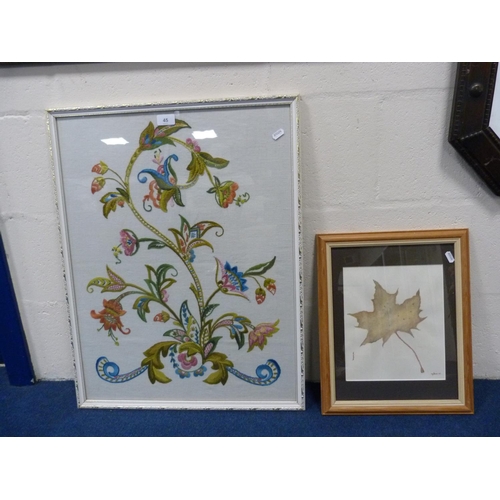 45 - Floral decorated needlepoint tapestry and a drawing of a maple leaf, 'Winter', by M Ness and dated '... 