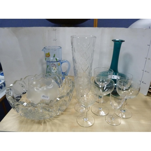 8 - Glassware to include antique turquoise glass decanter, painted water jug, crystal vase, Art Nouveau-... 