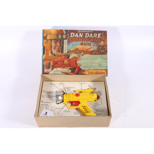 3 - Palitoy Dan Dare Cosmic Ray Gun, a red, yellow and chrome coloured plastic battery operated gun, box... 