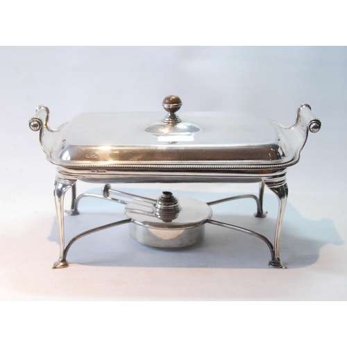 14 - Silver chafing dish, rectangular, with gadrooned edges, liner cover and stand with lamp, by Roberts ... 