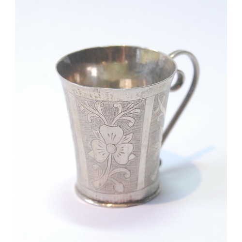 21 - Middle eastern silver engraved cup of tapering shape, probably Persian, 41mm high, 28g.