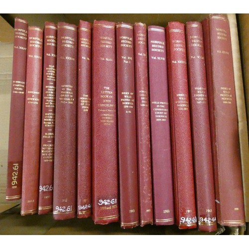 19 - NORFOLK RECORD SOCIETY.  Publications. 12 various vols., mainly ex lib. 1940's-1960's.... 