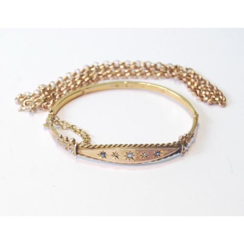 29 - Gold hinged bangle, Chester 1900, and a necklet, both 9ct, 10.9g.  (2)