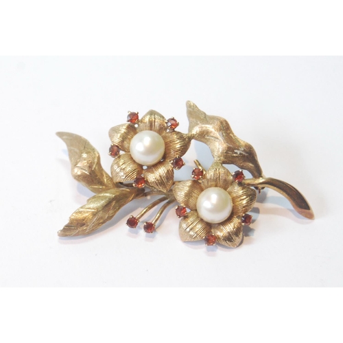 37 - Gold floral brooch with cultured pearls and garnets, '9ct', 8.2g.
