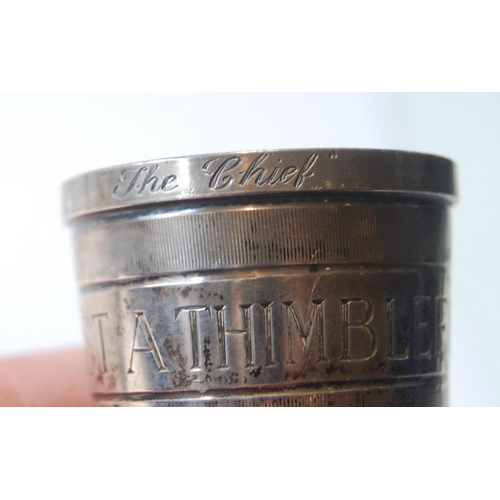 47 - Silver spirits measure, 'Just a Thimbleful', 1977, 55mm high, 34g.