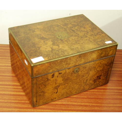 51 - Victorian burr walnut toilet box with unusual double opening action with various fittings, c. 1880.
